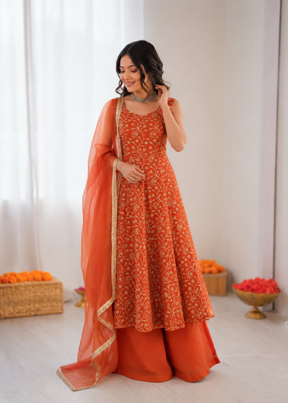 Prazu Fashion Rust Orange Georgette Thread With Sequence Designer Palazzo Suit