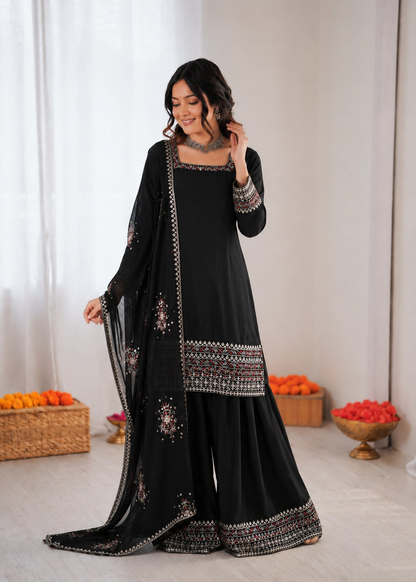 Prazu Fashion Black Crepe Thread With Sequence Designer Farshi Palazzo Suit