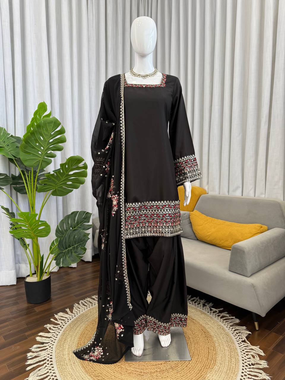 Prazu Fashion Black Crepe Thread With Sequence Designer Farshi Palazzo Suit