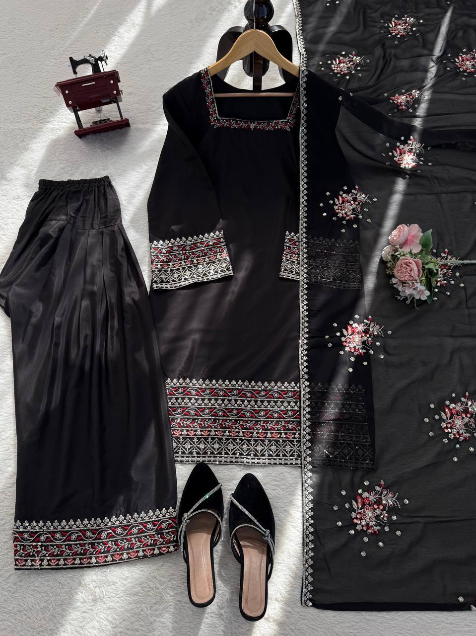 Prazu Fashion Black Crepe Thread With Sequence Designer Farshi Palazzo Suit