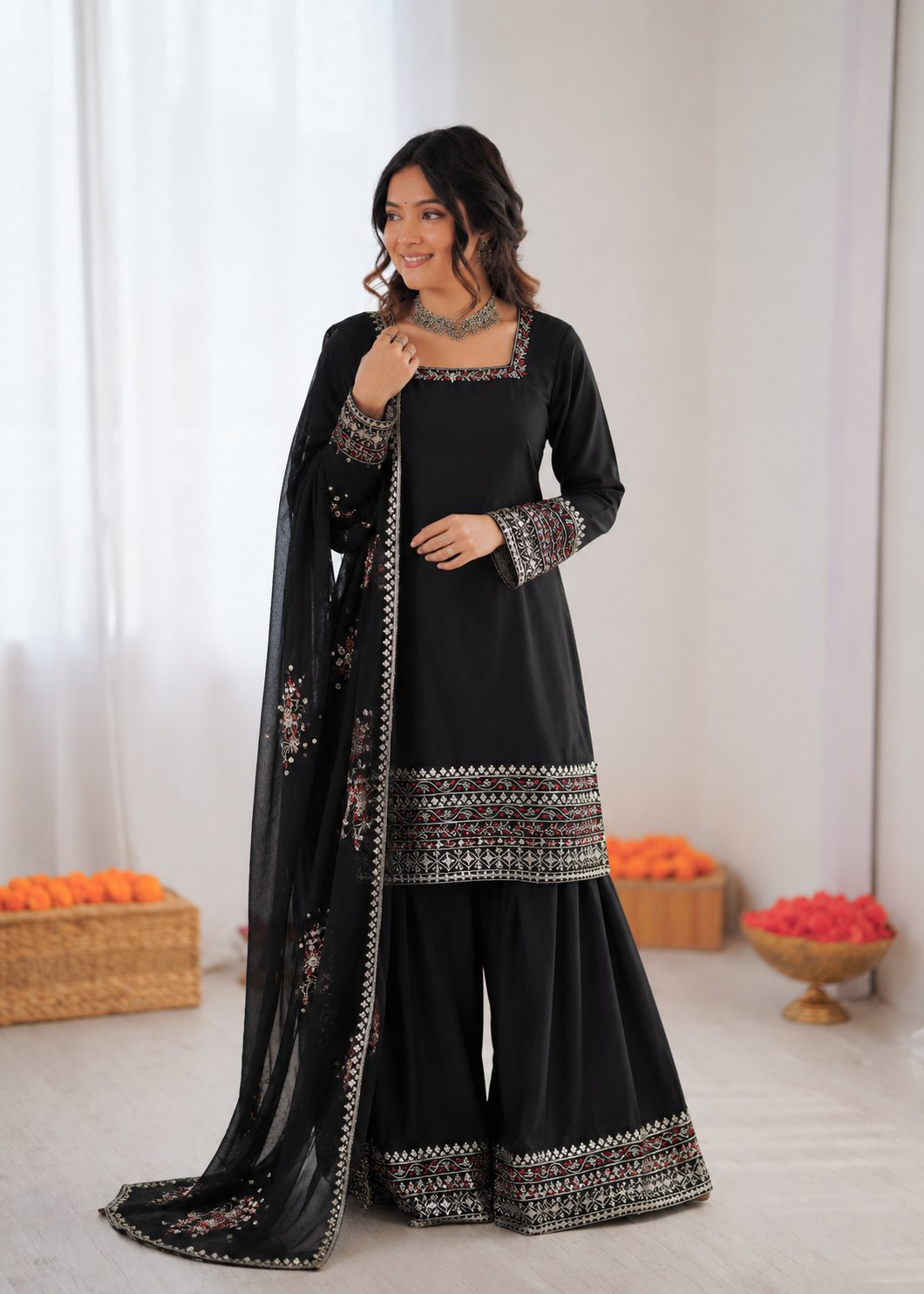 Prazu Fashion Black Crepe Thread With Sequence Designer Farshi Palazzo Suit