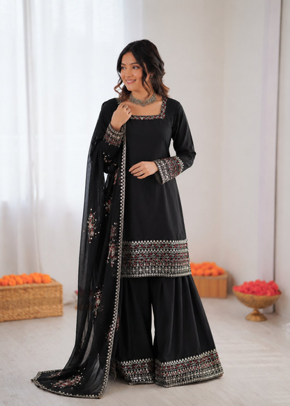 Prazu Fashion Black Crepe Thread With Sequence Designer Farshi Palazzo Suit