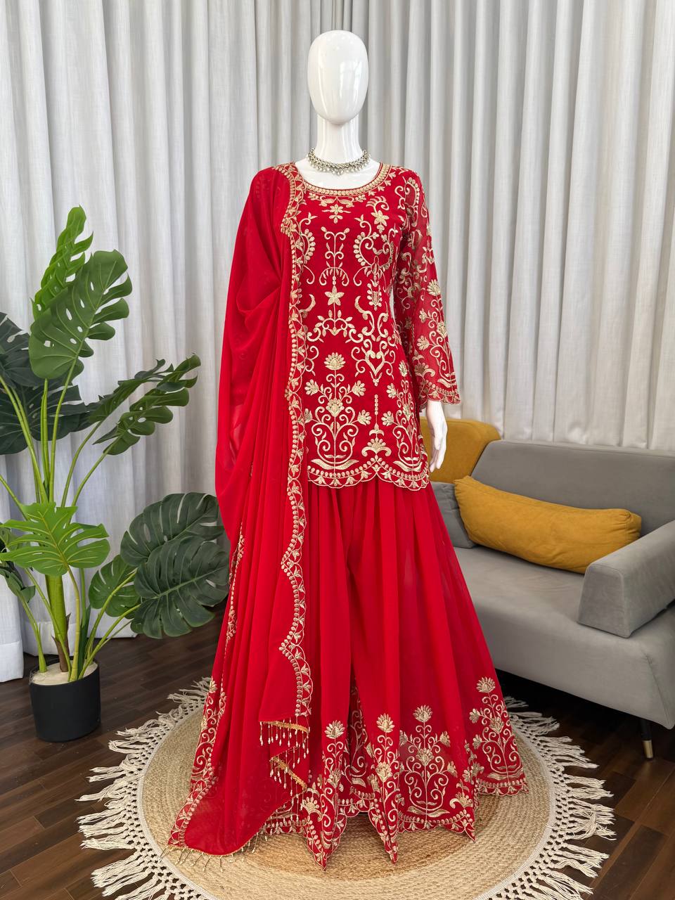 Prazu Fashion Red Georgette Thread Work Designer Sharara Suit