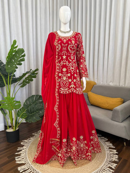 Prazu Fashion Red Georgette Thread Work Designer Sharara Suit