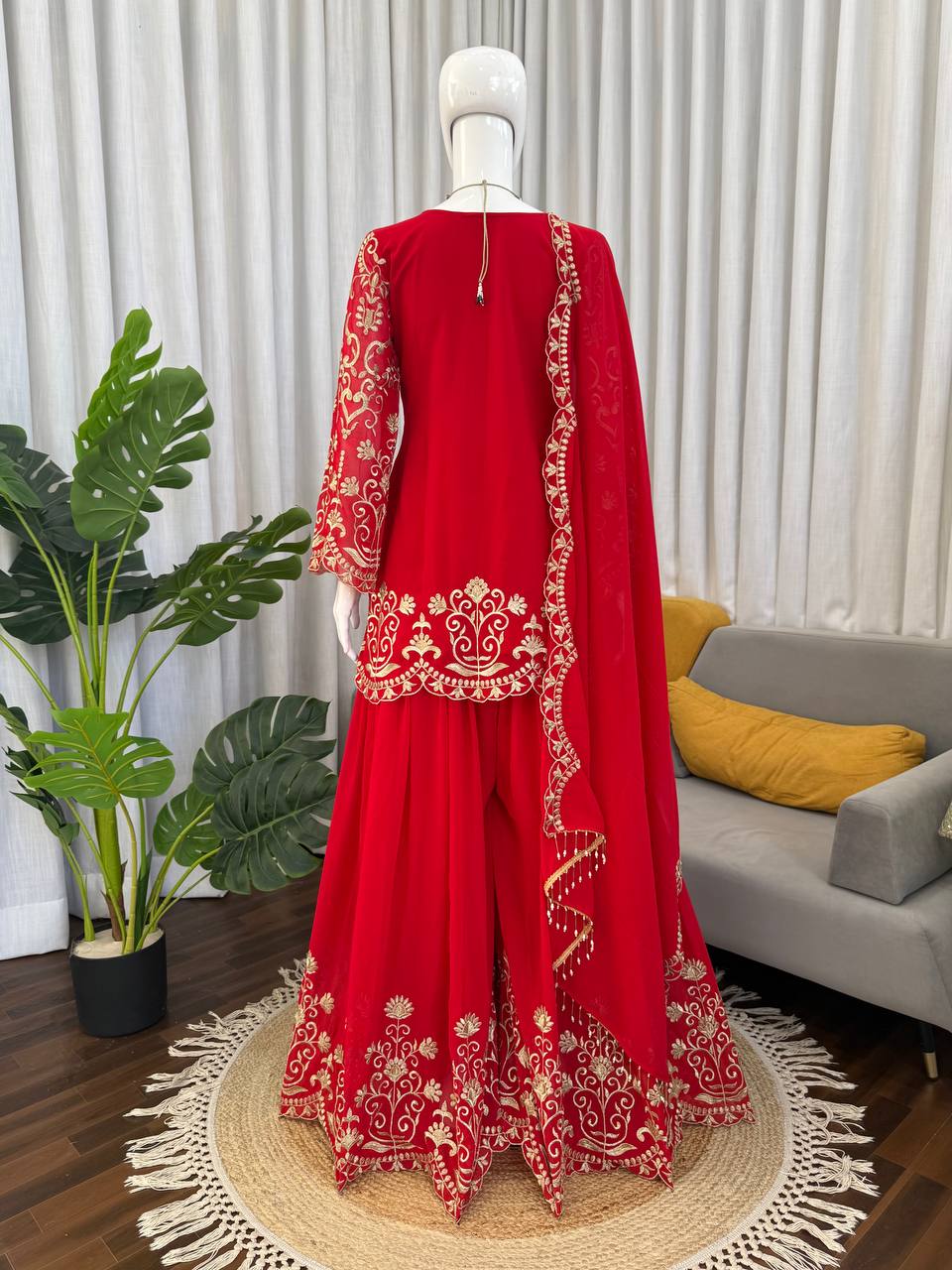 Prazu Fashion Red Georgette Thread Work Designer Sharara Suit