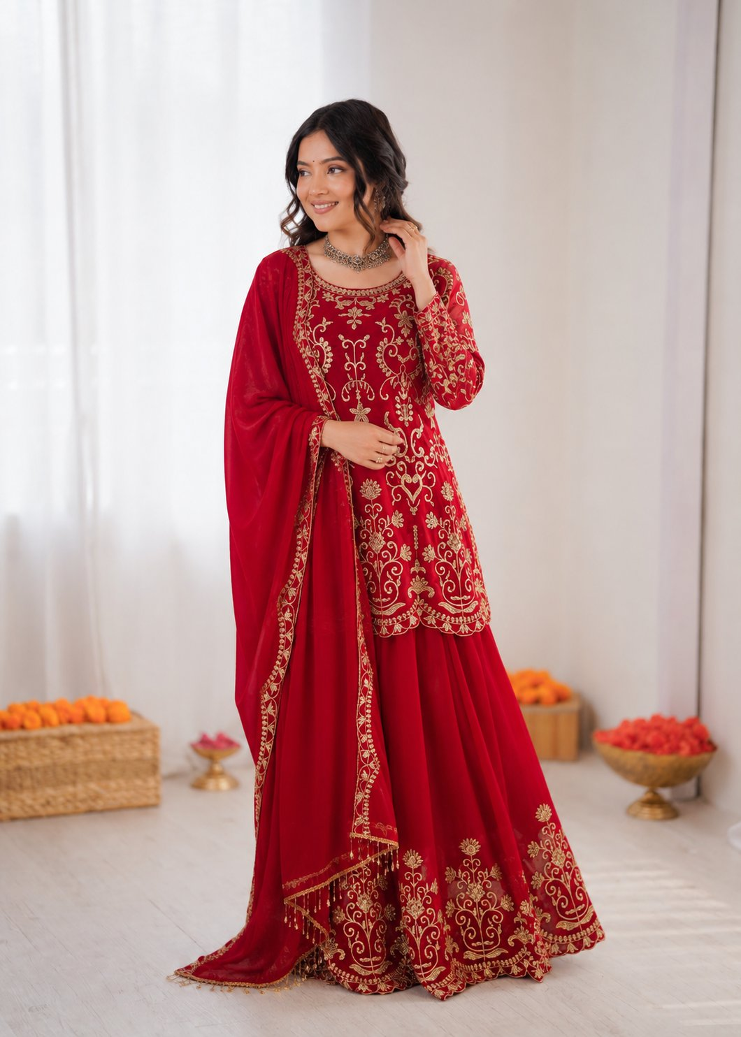 Prazu Fashion Red Georgette Thread Work Designer Sharara Suit