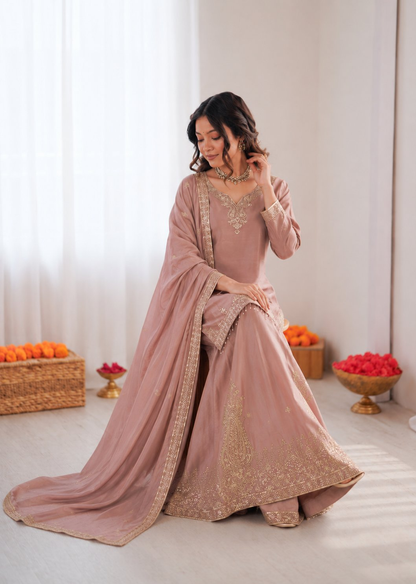 Prazu Fashion Onion Pink Crepe Thread With Sequence Designer Sharara Suit