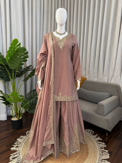 Prazu Fashion Onion Pink Crepe Thread With Sequence Designer Sharara Suit