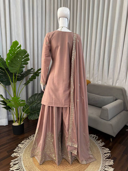 Prazu Fashion Onion Pink Crepe Thread With Sequence Designer Sharara Suit