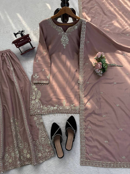 Prazu Fashion Onion Pink Crepe Thread With Sequence Designer Sharara Suit