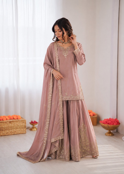 Prazu Fashion Onion Pink Crepe Thread With Sequence Designer Sharara Suit