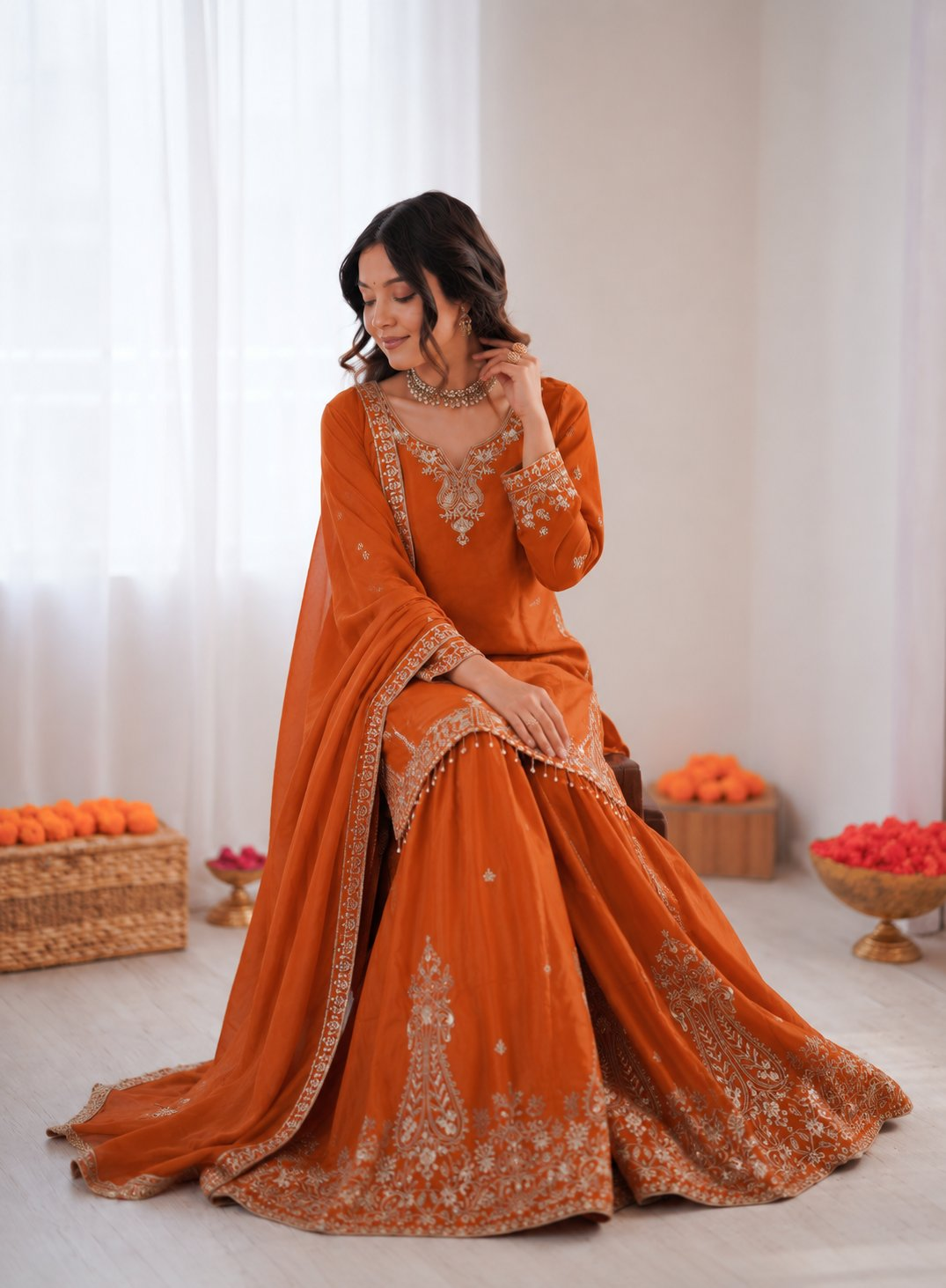 Prazu Fashion Orange Crepe Thread With Sequence Designer Sharara Suit