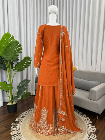 Prazu Fashion Orange Crepe Thread With Sequence Designer Sharara Suit
