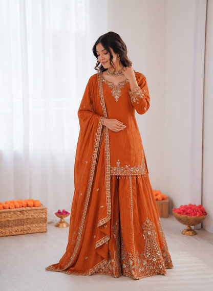 Prazu Fashion Orange Crepe Thread With Sequence Designer Sharara Suit