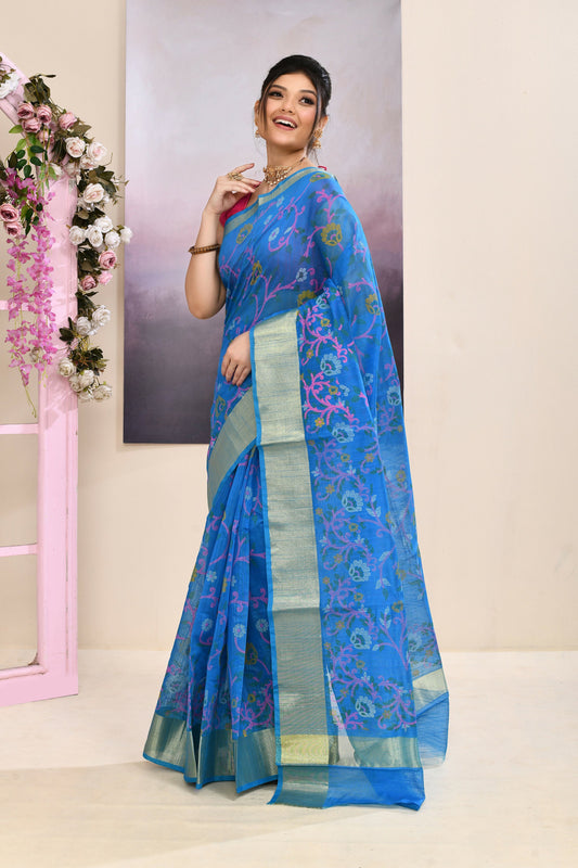 Piyari Fashion Women's Sky Blue Embellished Cotton Blend Printed Saree