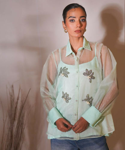 Timaraa Mint Whisper Hand-Embellished Organza Shirt