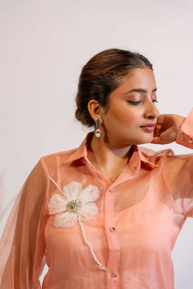 Timaraa Peach Coral Organza Shirt With Hand Embellished 3D Floral Motift