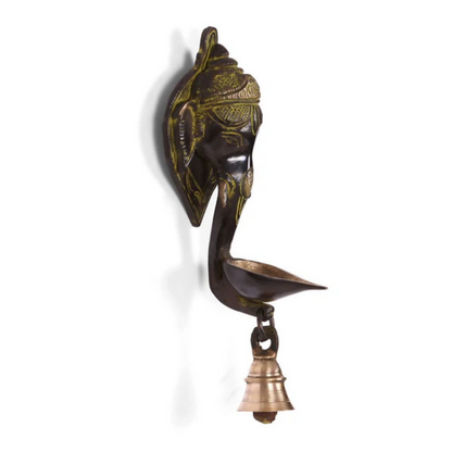 CraftVatika Brass Elephant Face Oil Lamp Diya With Bell Wall Hanging Showpiece