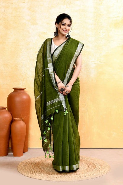 Piyari Fashion Women's Moss Green Embellished Cotton Blend Zari Border Handloom Saree