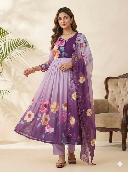 Teeya Creation Womens New Fancy Fox Georgette Heavy Quality Fabric With Handwork Purple Gown Set