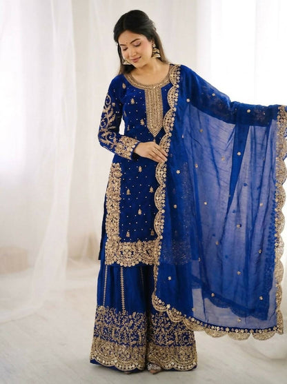 Teeya Creation Womens New Trendy Embroidery Coding And Sequence Work Royal Blue Kurta Set
