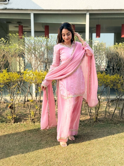 Teeya Creation Womens New Festive Wear Hand Made Real Mirror Pal Moti Lace Baby-Pink Kurta Set