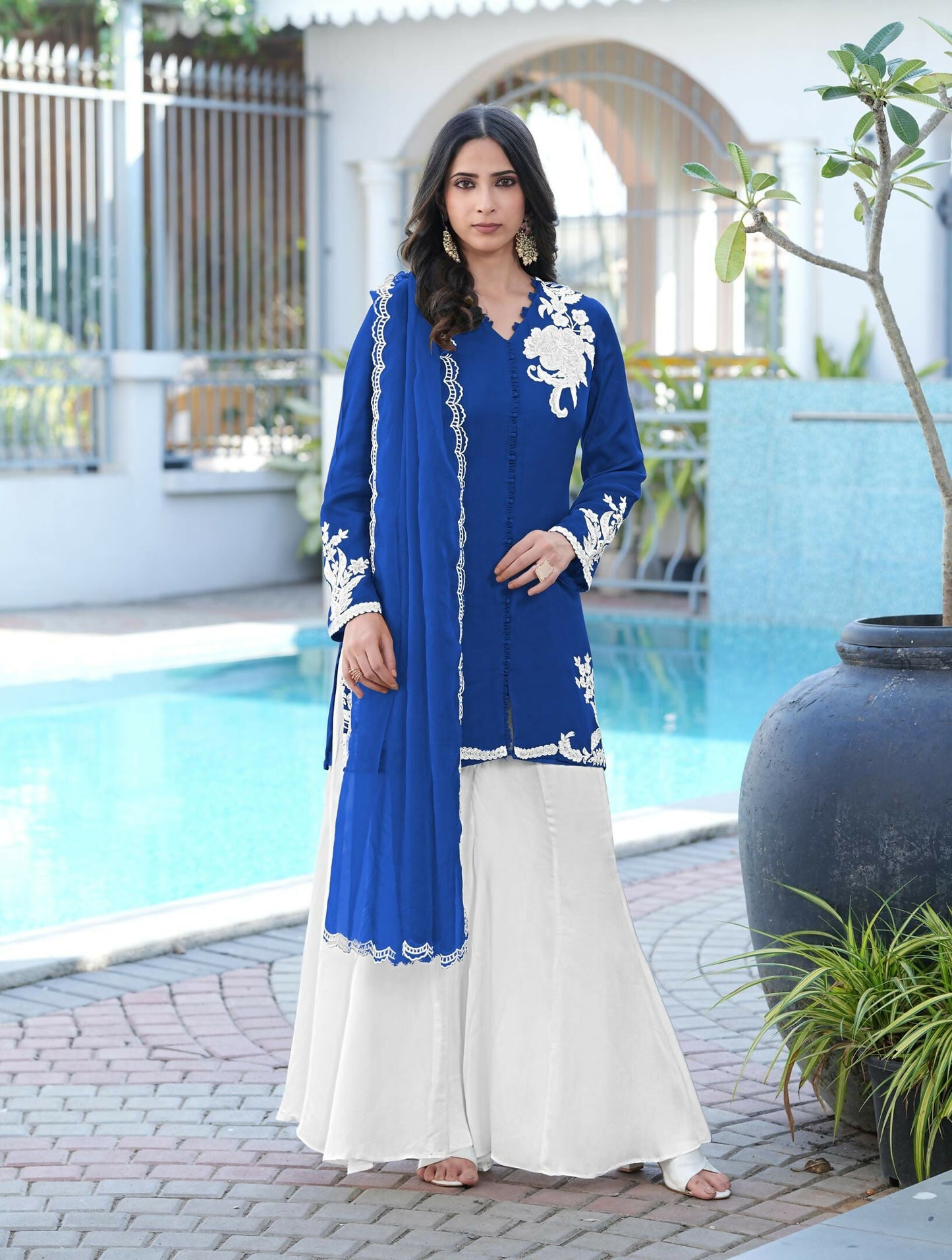 Nikhaar Royal Blue Embroidered Modal Silk Stitched Straight Cut Kurta Kalidar Palazzo Dupatta Readymade Suit