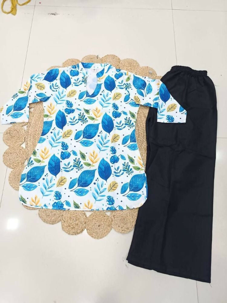 Teeya Creation New Latest Women White Blue Leaf Printed Cotton Kurti with Black Palazzo Set