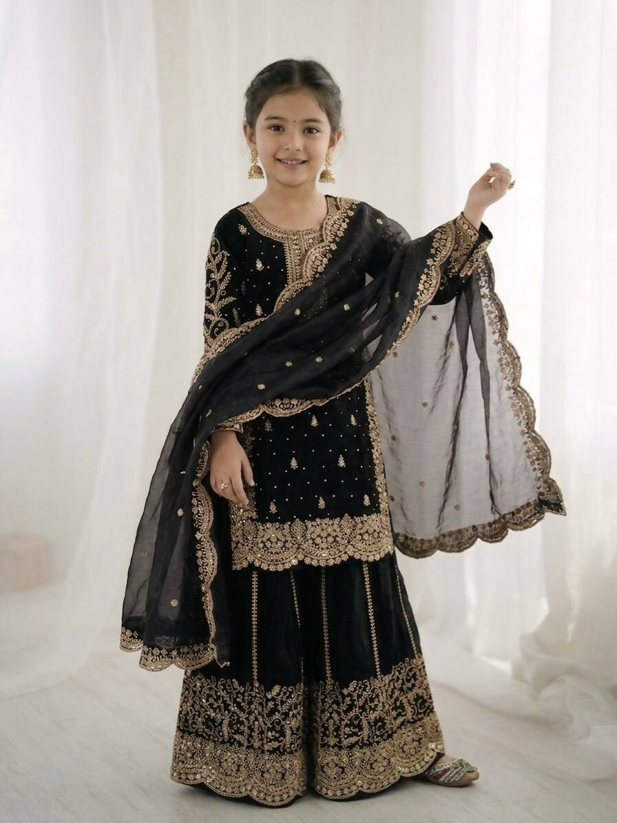 Teeya Creation New Trendy Fully Stitched Ready to Wear Kids Kurta Palazzo Set-Black