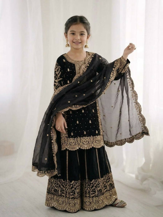 Teeya Creation New Trendy Fully Stitched Ready to Wear Kids Kurta Palazzo Set-Black