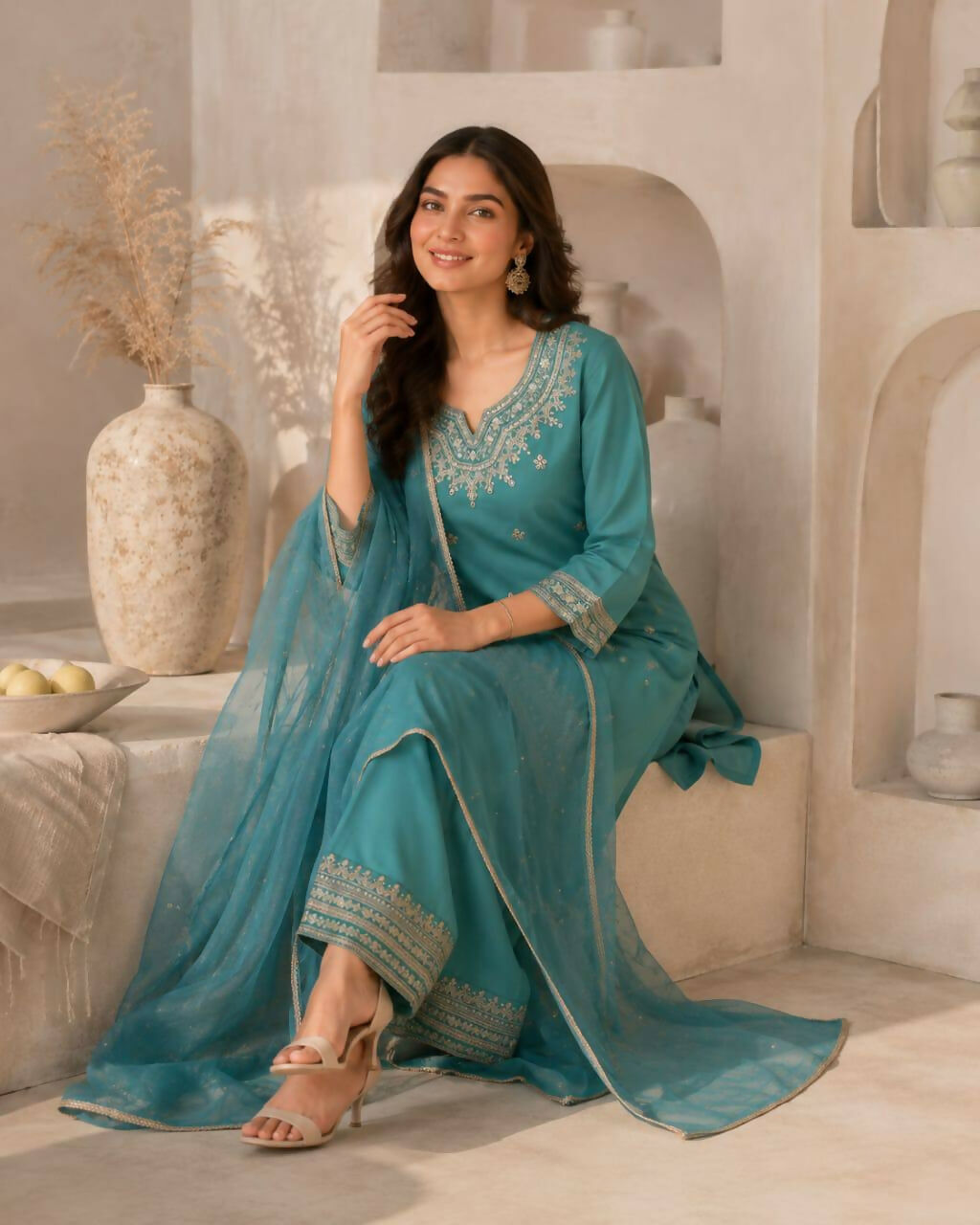 Teeya Creation Turquoise Blue Silk Embroidered Kurta Pant Set With Dupatta