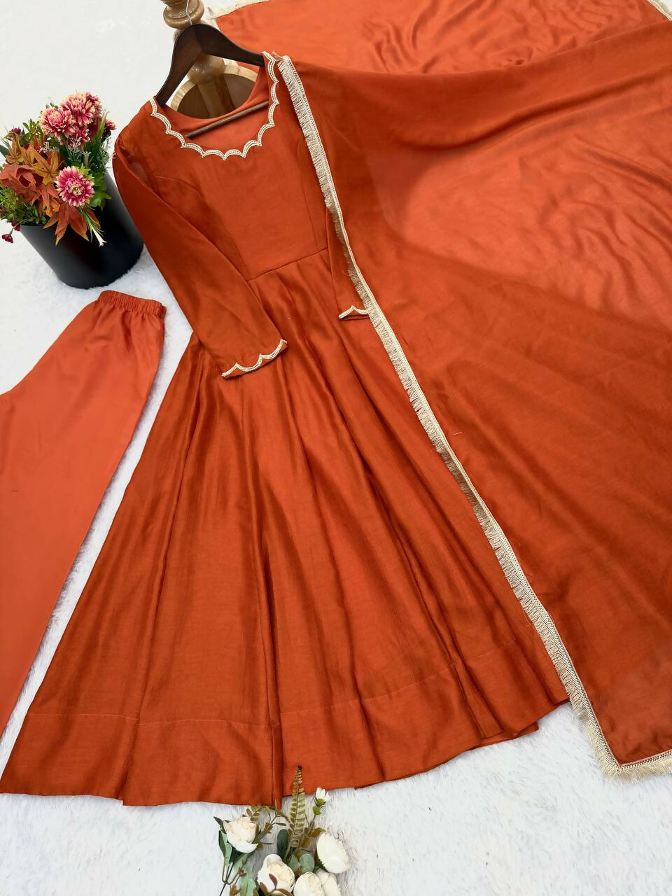 Teeya Creation Rust Orange Solid Anarkali Kurta With Pants And Dupatta Set