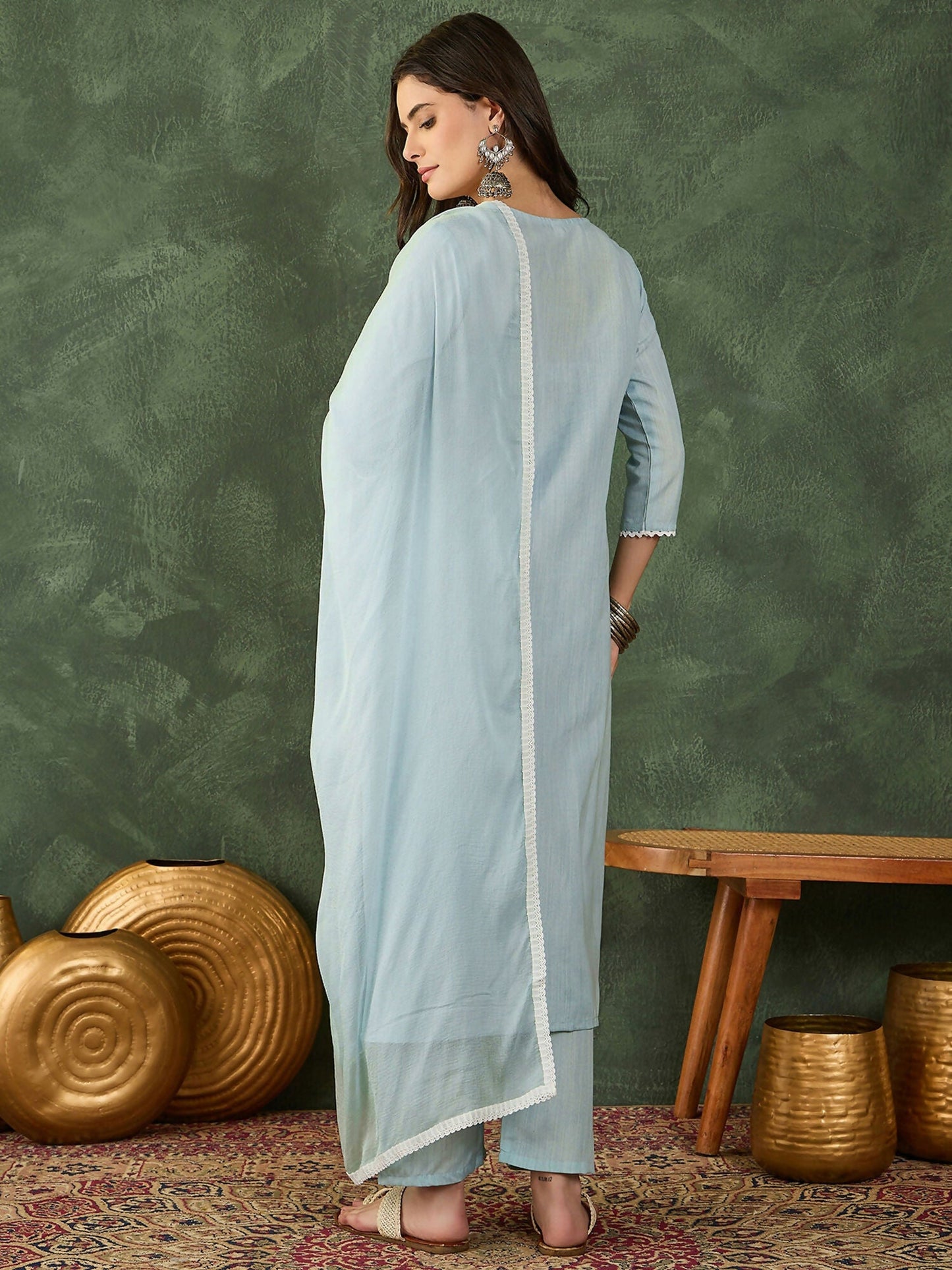 The52 Women's Beautiful Thread Work Cotton Blend Fabric Straight Kurta Pant and Dupatta Set-Sky