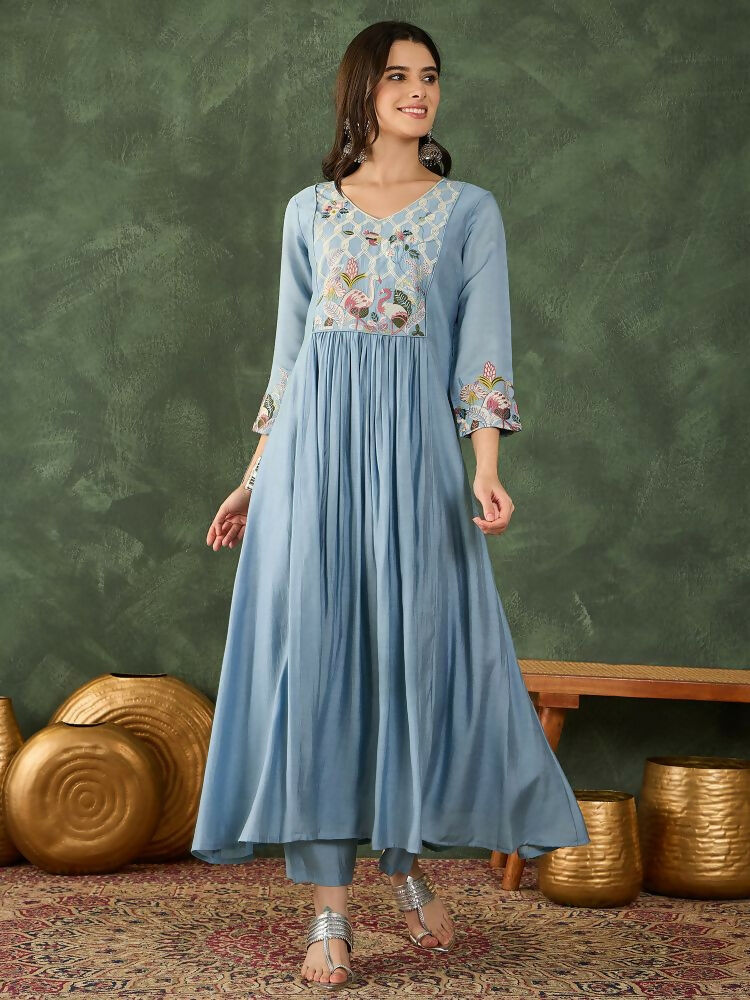 The52 Women's Beautiful Embroidery Work Silk Fabric Flared Kurta Pant and Dupatta Set