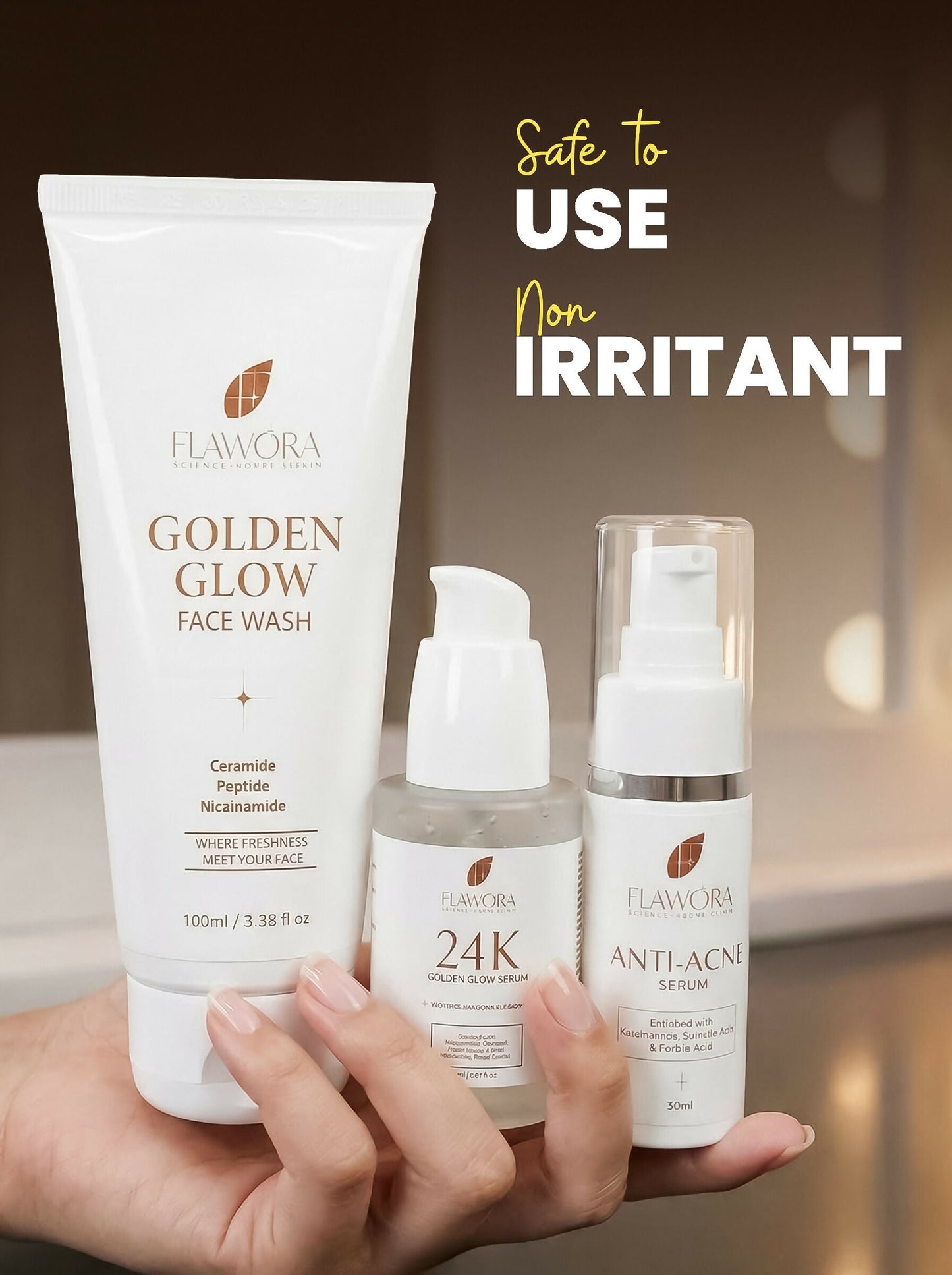Flawora Set of Golden Glow Face Wash, Anti Acne Serum and 24k Golden Glow Face Serum