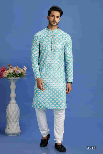 Raivat Ethnic Cotton Embroidery Kurta Pajama In Teal Green Colour