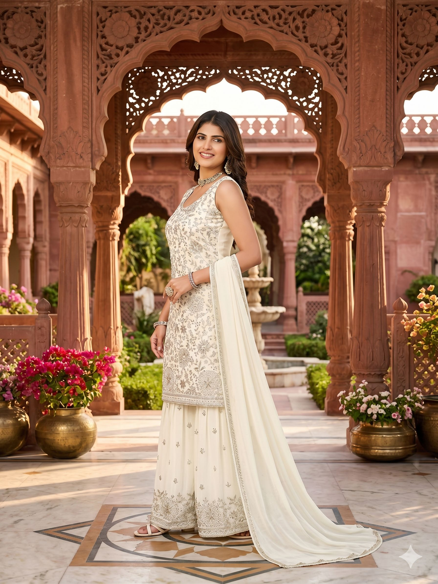 Teeya Creation Women's Georgette White Embroidered Sharara Set With Sequence Work And Lace Border Dupatta