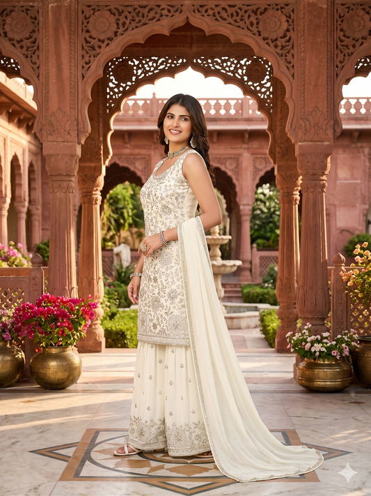 Teeya Creation Women's Georgette White Embroidered Sharara Set With Sequence Work And Lace Border Dupatta