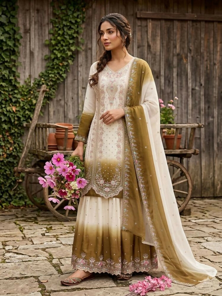 Teeya Creation New Trending Heavy Dual Tone Peding Star Georgette Mehendi Kurta Set