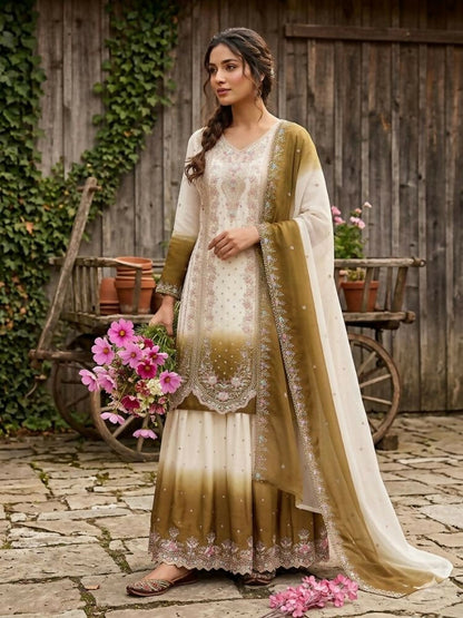 Teeya Creation New Trending Heavy Dual Tone Peding Star Georgette Mehendi Kurta Set