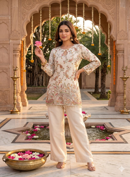Teeya Creation Off-White Embroidered Straight Kurta With Pant Set