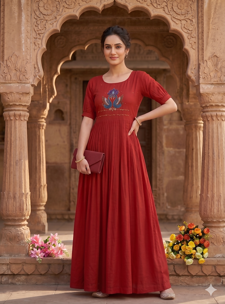 Teeya Creation Women's New Trendy Red Pleated Maxi Dress with Intricate Peacock Beadwork