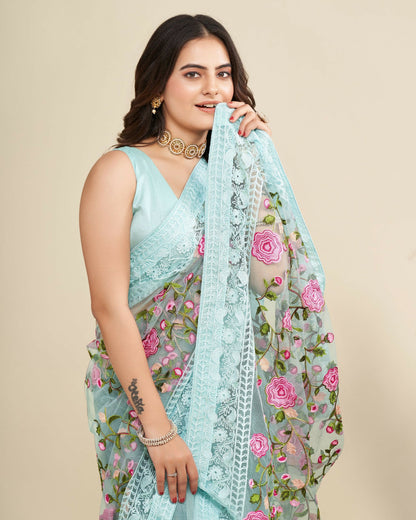 Teeya Creation Womens Latest Stylish Party Wear Soft Net Saree-Blue