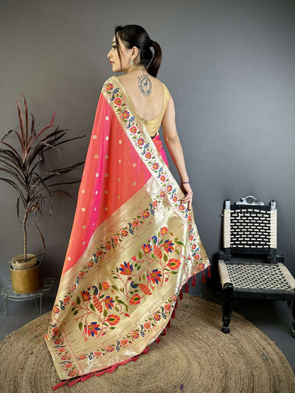 Prime Volt Premium Soft Silk Mayur Paithani Saree with Peacock Meena Weaving & Rich Pallu-Bright Pink