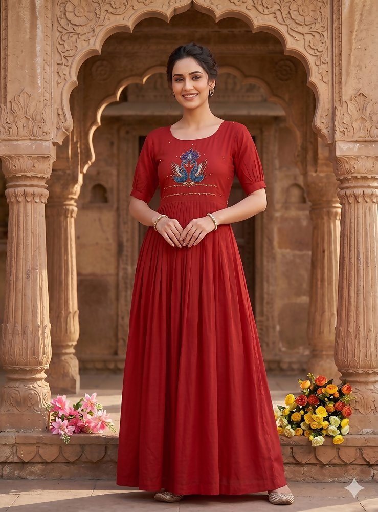 Teeya Creation Women's New Trendy Red Pleated Maxi Dress with Intricate Peacock Beadwork