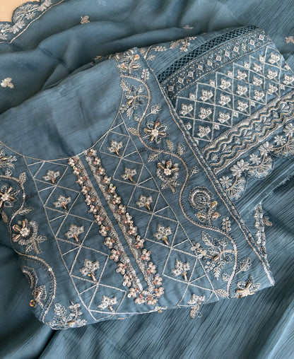 KC Sky Blue Pakistani Straight Suit For Women Chiffon