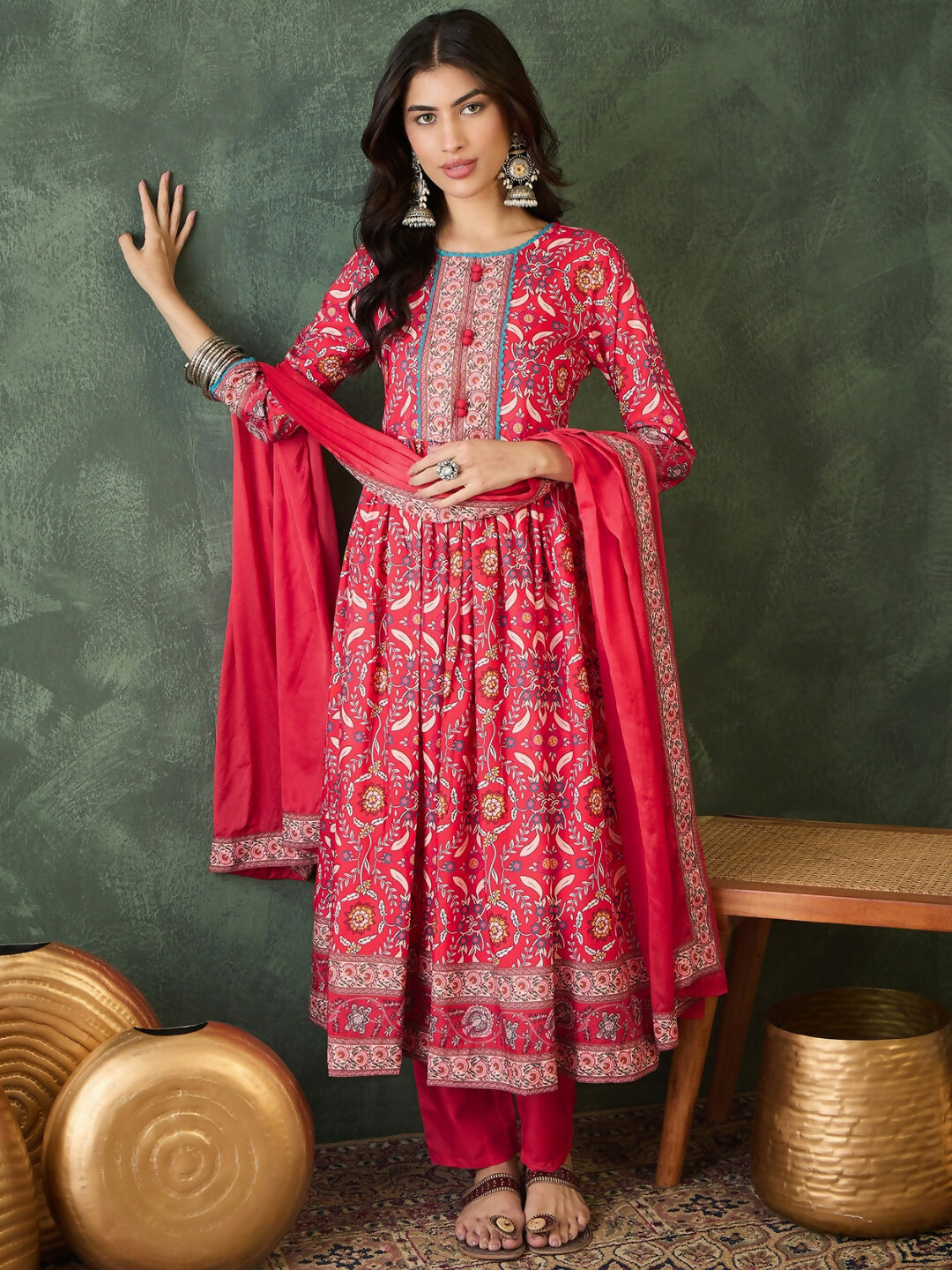 The52 Women's Beautiful Printed Work Rayon Fabric Flared Kurta Pant and Dupatta Set-Red