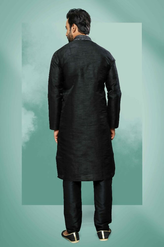 Raivat Ethnic Art Silk Mirror Embroidery Work Kurta Pajama In Black Colour