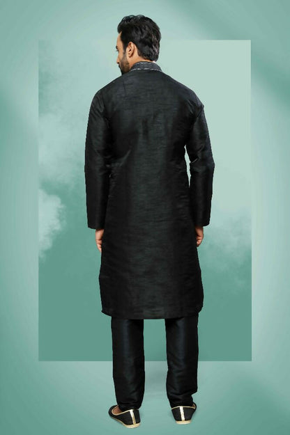 Raivat Ethnic Art Silk Mirror Embroidery Work Kurta Pajama In Black Colour