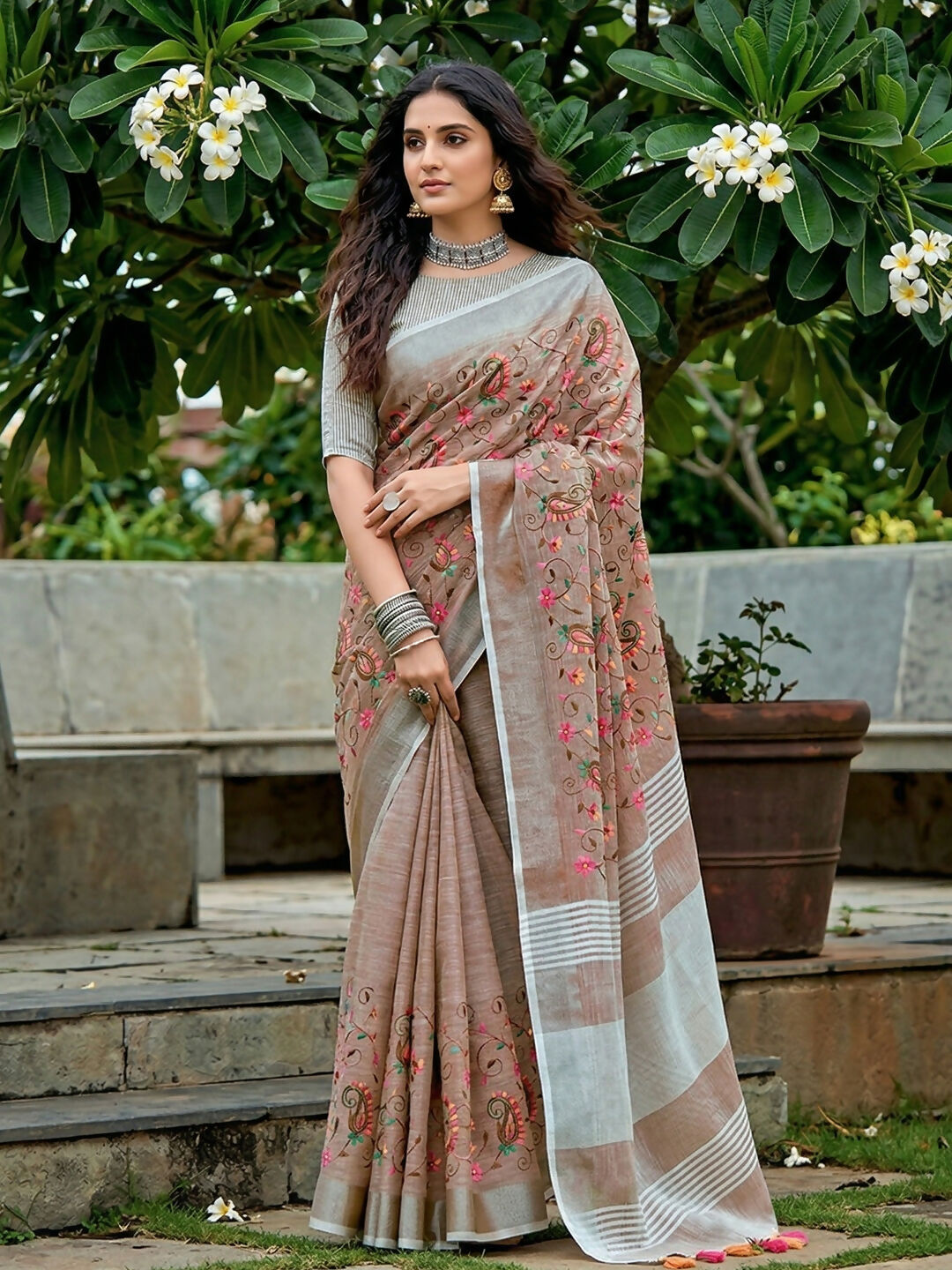 Shree Shyam Fashion Brown Linen Saree